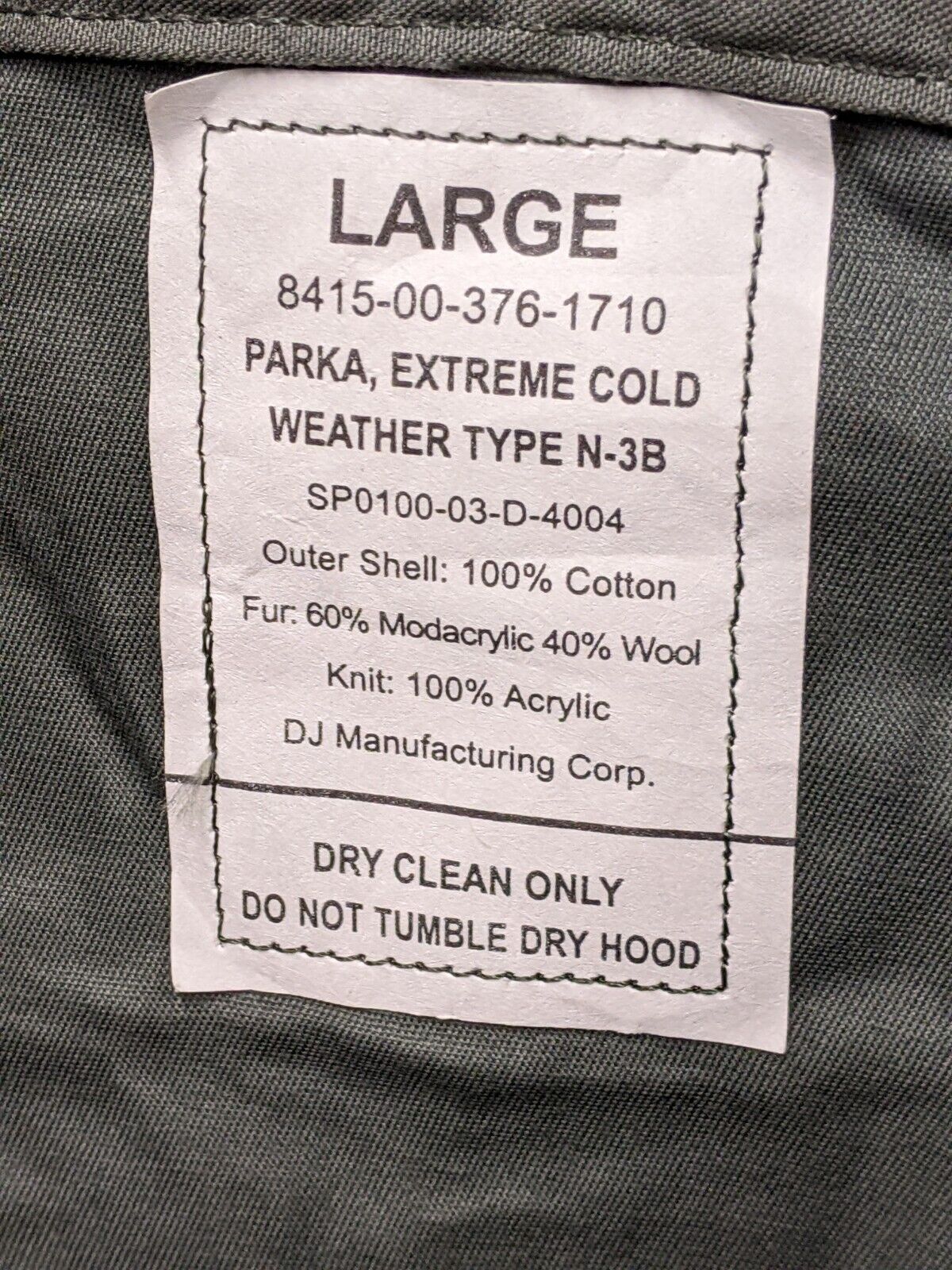 N3B Snorkel Parka Jacket Coat Extreme Cold Weather - Size Large