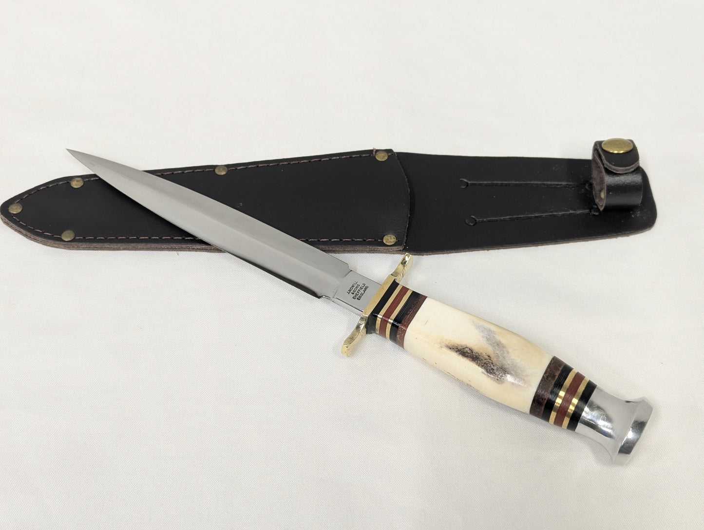 John Nowill & Sons Stag Handle Stiletto Commando Knife with Sheath