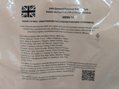 FULL BOX British Army MRE 10 x 24 Hour General Purpose Ration Packs Menu 1-10 - Packed 2024