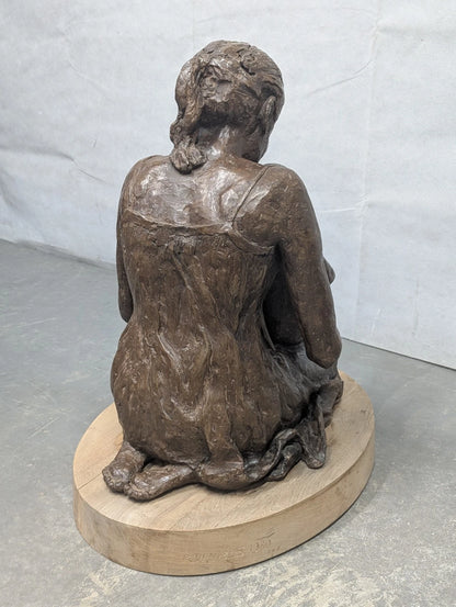 Large Heavy Resin Religious Statue Lady Madonna with Child on Wooden Oval Base