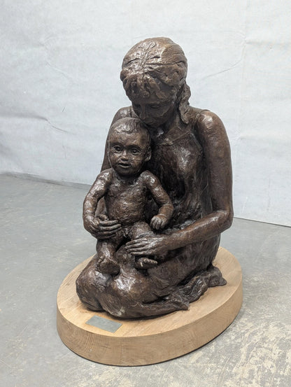 Large Heavy Resin Religious Statue Lady Madonna with Child on Wooden Oval Base