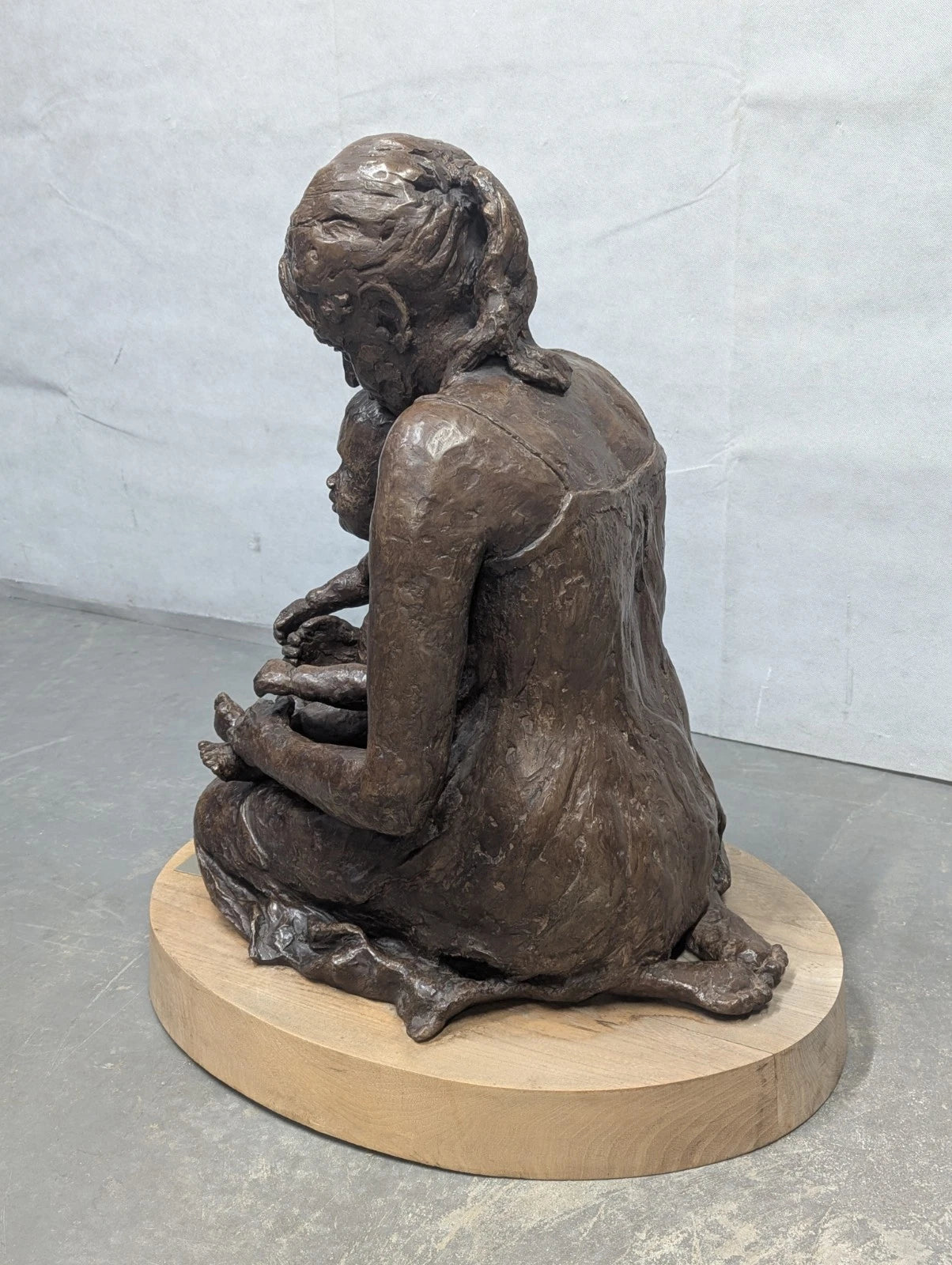 Large Heavy Resin Religious Statue Lady Madonna with Child on Wooden Oval Base