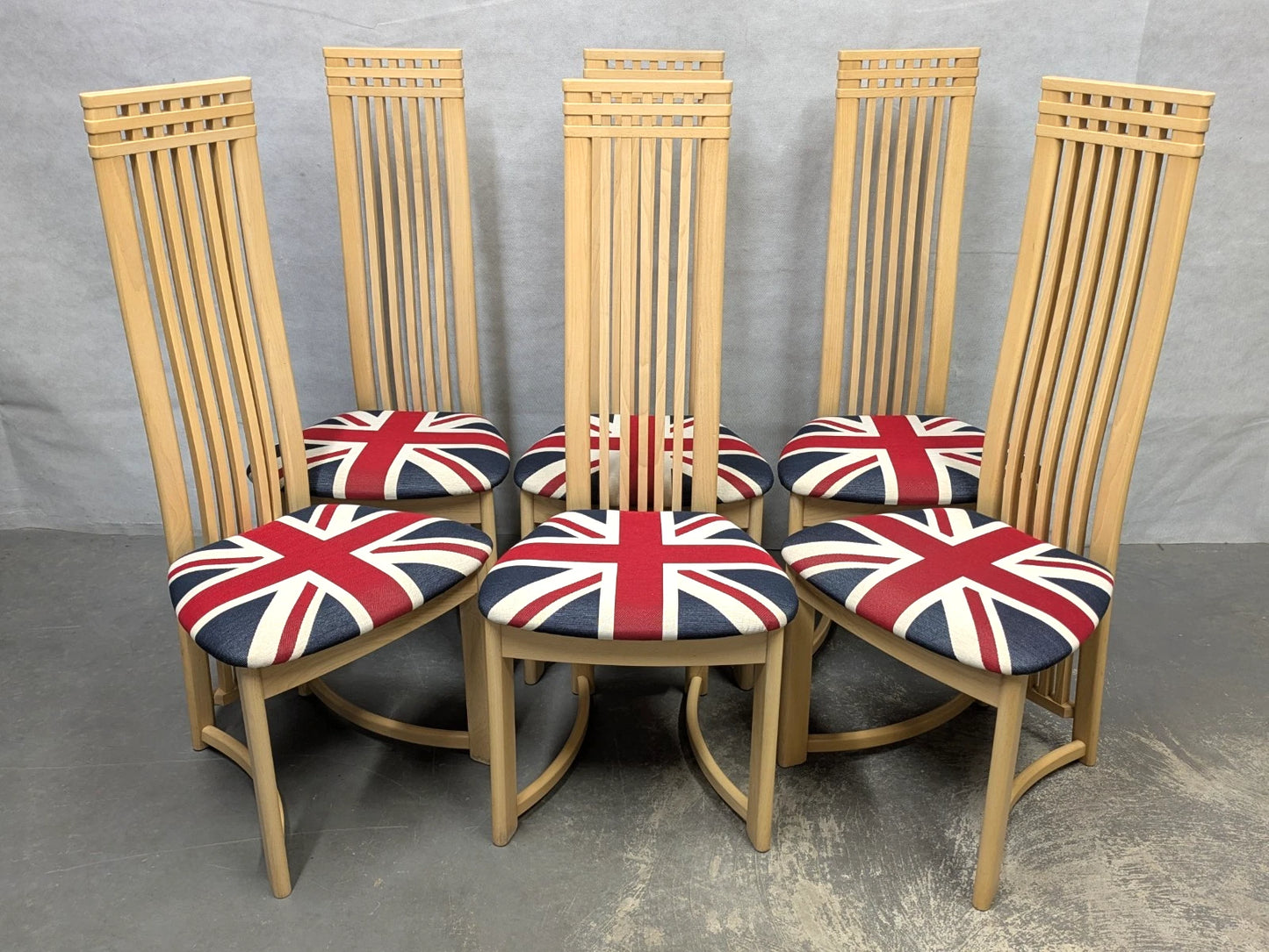 Set of 6 Actona Danish High Back Wooden Dining Chairs Union Jack c.1980/90's