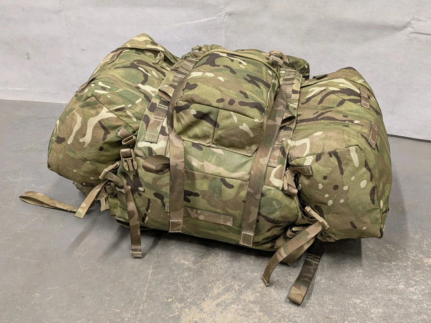 British Army MTP Camo Long Back 120L Bergen Rucksack with Side Pockets
