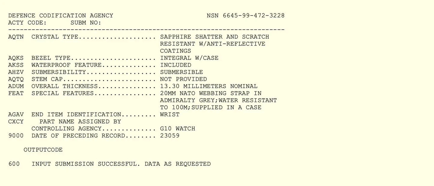 MWC G10 200M 2024 Military Watch NSN 6645-99-472-3228D
