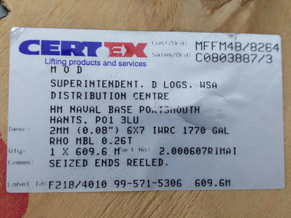 Galvanised Steel Wire Rope 6 x 7 IWRC 1770 2mm - 610m Reel - Marine Grade Cable