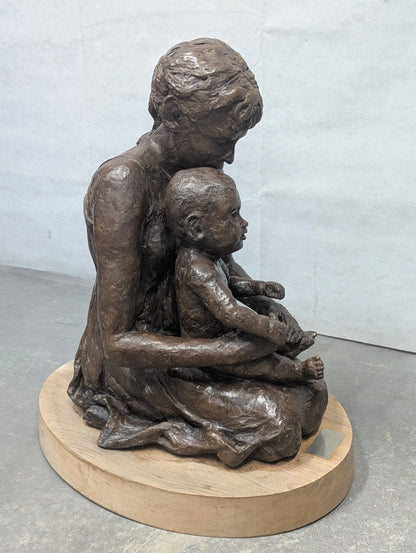 Large Heavy Resin Religious Statue Lady Madonna with Child on Wooden Oval Base