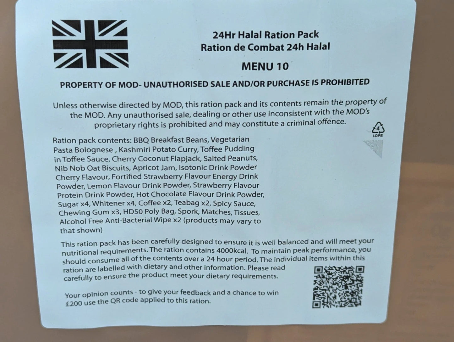 British Army MRE 10 x 24 Hour HALAL Ration Packs Menu 1-10 - Packed 2025