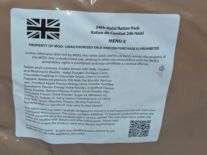 British Army MRE 5 x 24 Hour HALAL Ration Packs - Packed 2025